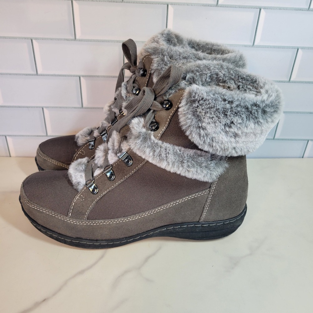 Aetrex Fiona Winter Boots Brown Faux Fur Lace Up Womens Size 8.5 Slip Resistant
